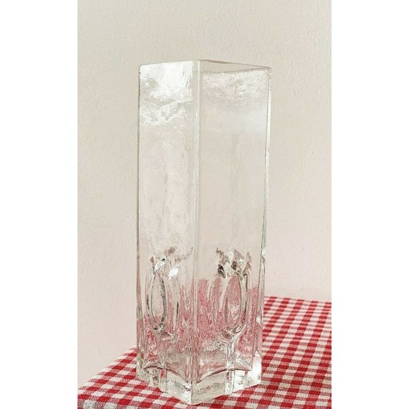 Sea Glasbruk of Sweden Hand Made 9" Clear Tulip 3x3 Square Tall Vase Glass Vtg - Picture 1 of 8
